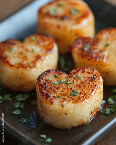 Grilling Yaki Onigiri Rice Balls Japanese Cuisine Culinary Delights Kitchen Close-up Soy Sauce Glaze and Charcoal Flavor photo