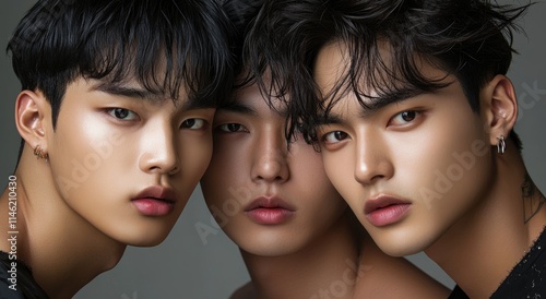 Three Korean male models with diverse hair colors and styles, posing together for the camera.