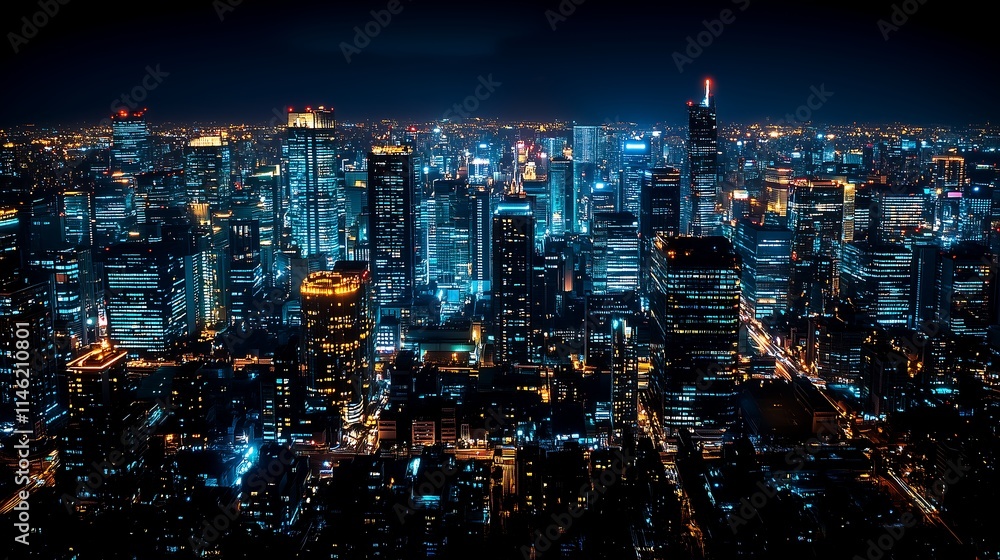 Night Metropolis: Aerial view of a sprawling city skyline at night, illuminated with vibrant lights. Captivating cityscape, showcasing modern architecture and urban energy. Night Metropolis: Aerial view of a sprawling city skyline at night, illuminated with vibrant lights. Captivating cityscape, showcasing modern architecture and urban energy.