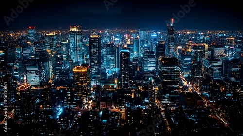 Night Metropolis: Aerial view of a sprawling city skyline at night, illuminated with vibrant lights. Captivating cityscape, showcasing modern architecture and urban energy.