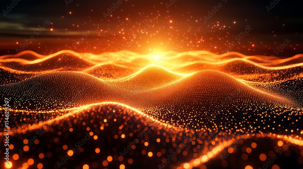 Fiery Sunset Landscape: Abstract digital art depicting a breathtaking sunset over a shimmering, particle-filled landscape. The fiery orange and gold hues create a dramatic and evocative scene. Fiery Sunset Landscape: Abstract digital art depicting a breathtaking sunset over a shimmering, particle-filled landscape. The fiery orange and gold hues create a dramatic and evocative scene.