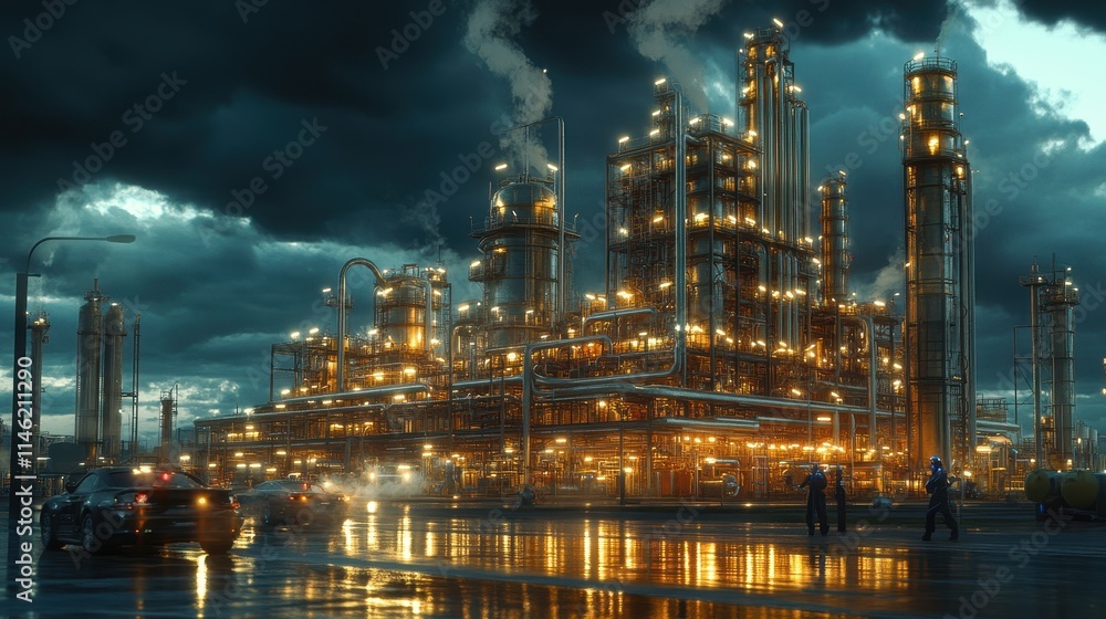 A chemical plant with intricate pipelines and towering distillation columns, while workers in hazmat suits conduct inspections. The site is lit by a dramatic evening sky. A chemical plant with intricate pipelines and towering distillation columns, while workers in hazmat suits conduct inspections. The site is lit by a dramatic evening sky.