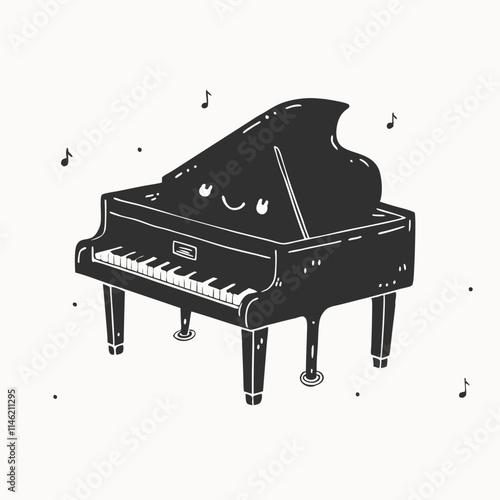 grand piano with chair icon. In cartoon style. Isolated on white background. 
