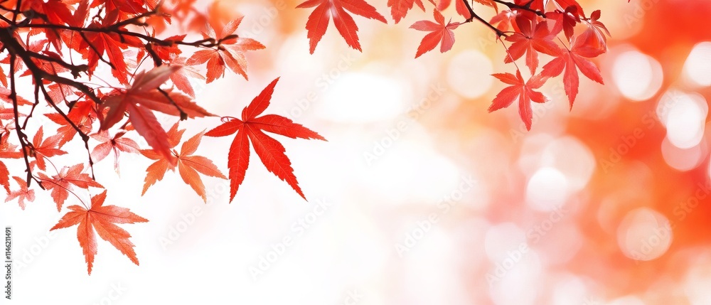 Vibrant red maple leaves gracefully adorning tree branches during peak autumn season in serene natural outdoor setting Vibrant red maple leaves gracefully adorning tree branches during peak autumn season in serene natural outdoor setting