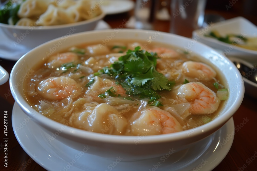 Savor Classic Cantonese Wonton Soup Hong Kong Culinary Delight Cozy Restaurant Close-Up Shrimp and Clear Broth Savor Classic Cantonese Wonton Soup Hong Kong Culinary Delight Cozy Restaurant Close-Up Shrimp and Clear Broth
