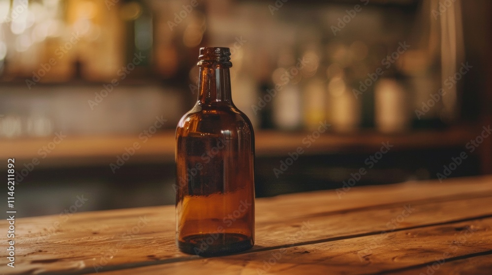 Amber glass bottle on a wooden bar table with warm lighting Amber glass bottle on a wooden bar table with warm lighting