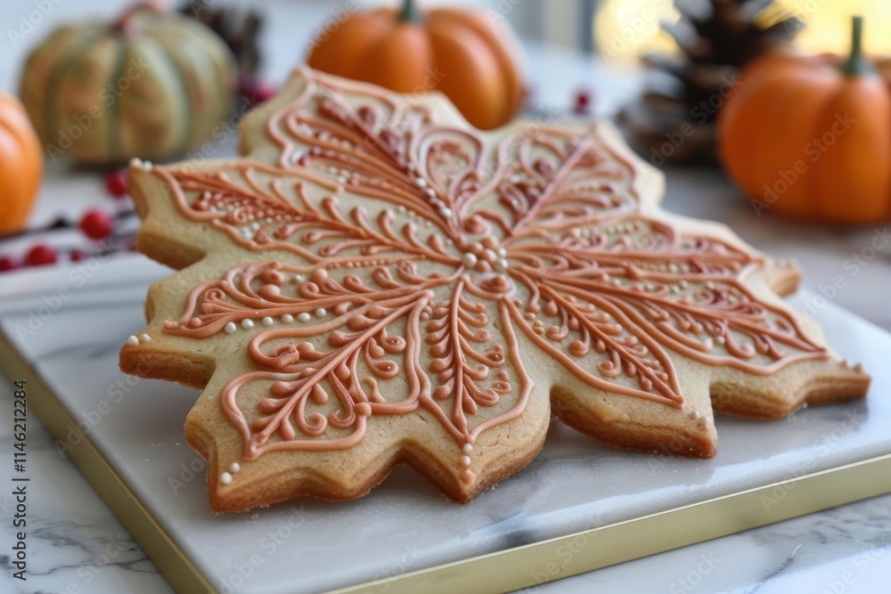Detailed autumn-themed cookie decoration featuring intricate designs and seasonal elements on a marble surface Detailed autumn-themed cookie decoration featuring intricate designs and seasonal elements on a marble surface