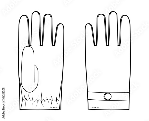 Driving Gloves Short Wrist length Fashion hand full-finger design snap-fit fastening pull-on style accessory clothing technical illustration garment. Vector Men, women style flat template CAD mockup