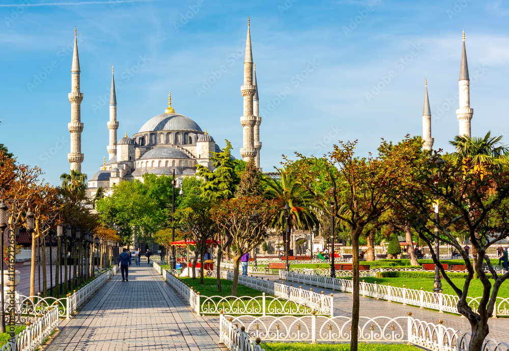 Obraz premium Blue or Sultan Ahmed mosque in Sultanahmet square in center of Istanbul, Turkey