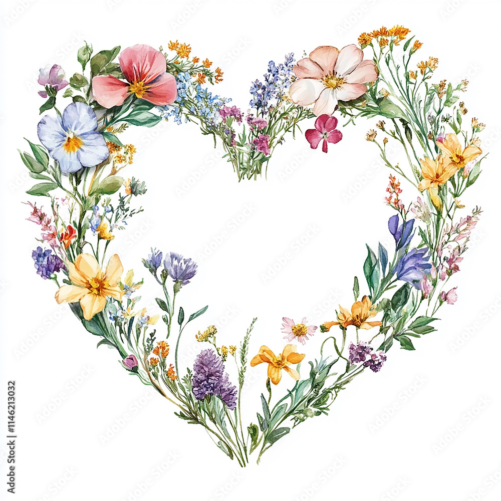 wreath Watercolor Wild Flowers in Shape of Heart Isolated on White Background wreath Watercolor Wild Flowers in Shape of Heart Isolated on White Background