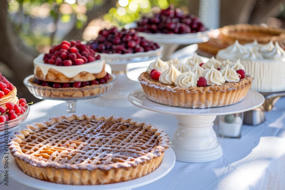 Delicious assortment of desserts featuring cakes and tarts at an outdoor gathering in the afternoon Delicious assortment of desserts featuring cakes and tarts at an outdoor gathering in the afternoon