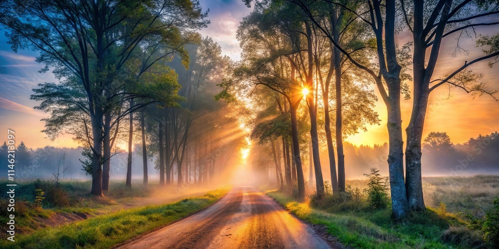 Serene Sunrise on a Misty Country Road Lined with Trees Serene Sunrise on a Misty Country Road Lined with Trees