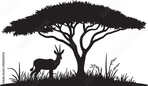 Silhouette Antelope Standing Under Acacia Tree Vector Illustration