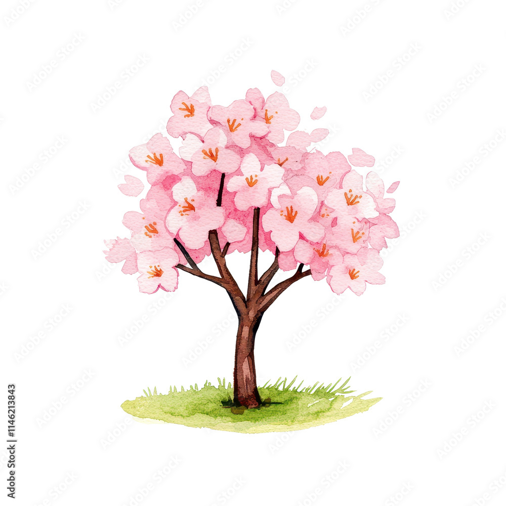 Fototapeta premium Watercolor Cherry Blossom Tree in Full Bloom