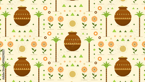 Pongal pattern design with pots, flowers, leaves, and more. Vector illustration.