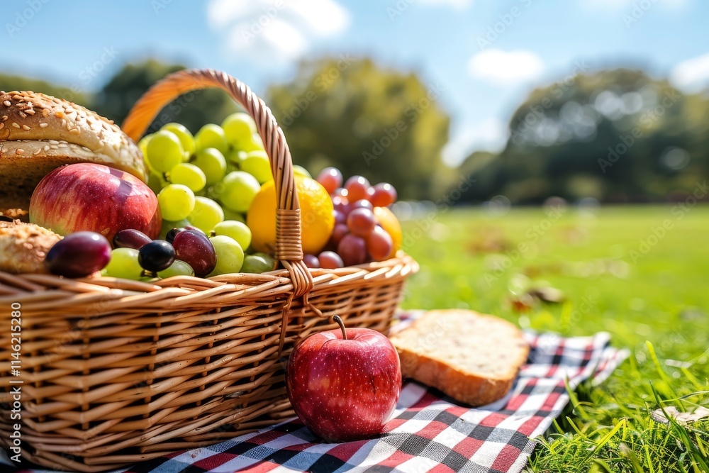 Colorful picnic basket filled with fresh fruits and bread on a sunny day in the park Colorful picnic basket filled with fresh fruits and bread on a sunny day in the park