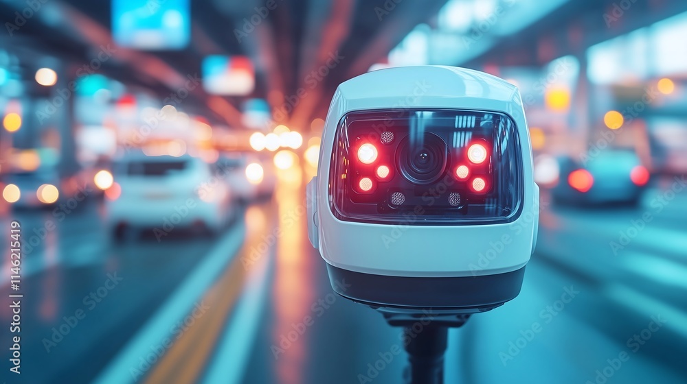 Urban Surveillance: A close-up view of a security camera, with red LED lights reflecting the bright city lights in the blurred background, conveying a sense of urban monitoring and security. Urban Surveillance: A close-up view of a security camera, with red LED lights reflecting the bright city lights in the blurred background, conveying a sense of urban monitoring and security.