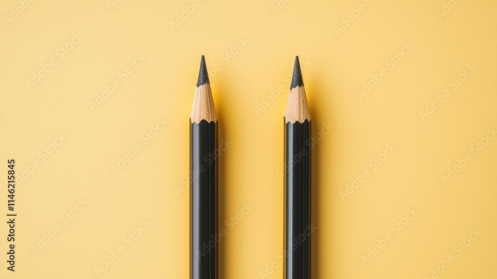 Sharp Black Pencils on Yellow Background Flat Lay Top View Sharp Black Pencils on Yellow Background Flat Lay Top View