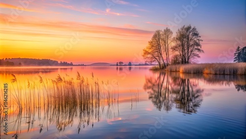 Wallpaper Mural Serene Sunset Reflection on Calm Lake Water with Silhouetted Trees and Reeds Torontodigital.ca