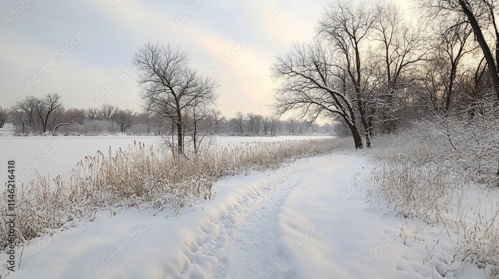 Snowy path by frozen lake at sunrise. Snowy path by frozen lake at sunrise.