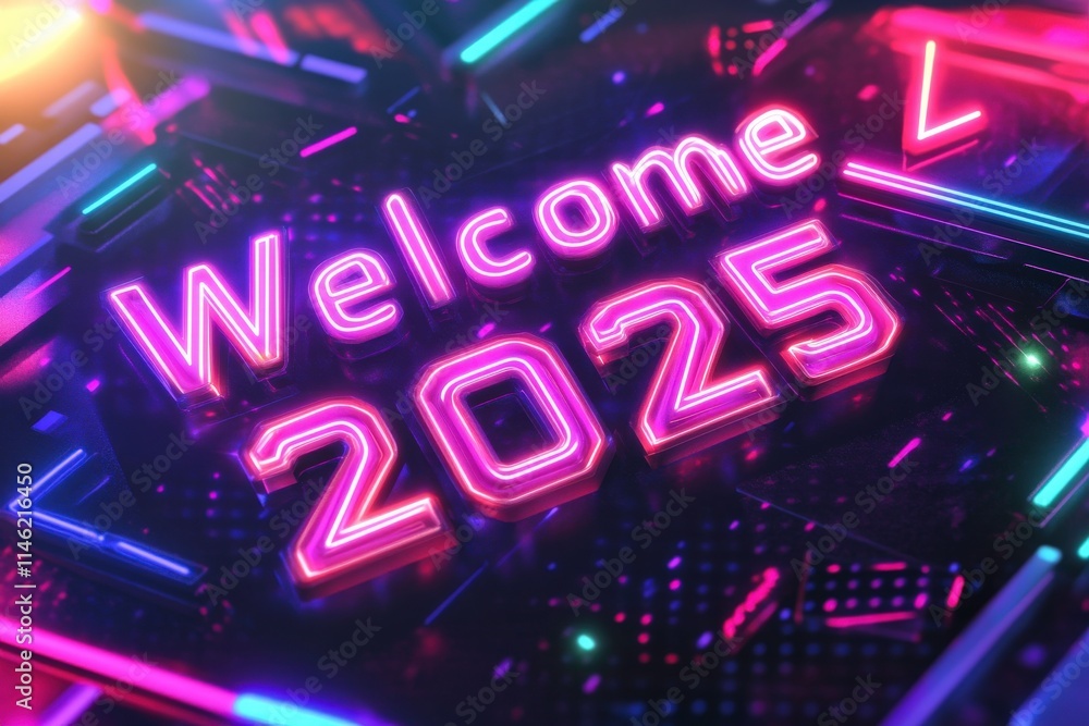 Bright Neon Welcome to 2025 Sign in Futuristic Style Illuminated with Vibrant Colors for Celebratory Events, New Year Parties, and Digital Backgrounds Bright Neon Welcome to 2025 Sign in Futuristic Style Illuminated with Vibrant Colors for Celebratory Events, New Year Parties, and Digital Backgrounds
