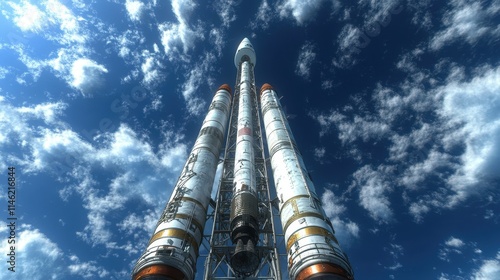 A futuristic spaceport where a rocket is being prepared for launch, with engineers performing final checks on scaffolding. The towering rocket stands tall against a bright blue sky, symbolizing 