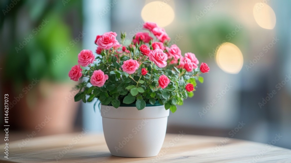Pink Roses Blooming In A White Pot On A Wooden Table Pink Roses Blooming In A White Pot On A Wooden Table