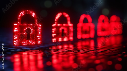 Obraz na płótnie Cybersecurity: A row of glowing red padlocks stand tall on a dark background, symbolizing the strength and reliability of digital security. The image evokes a sense of safety and trust. w salonie