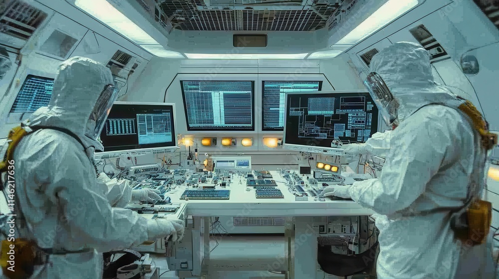 A high-tech cleanroom where engineers in full protective suits assemble intricate semiconductor chips, surrounded by precision tools and glowing monitors. The room’s sterile white walls enhance A high-tech cleanroom where engineers in full protective suits assemble intricate semiconductor chips, surrounded by precision tools and glowing monitors. The room’s sterile white walls enhance