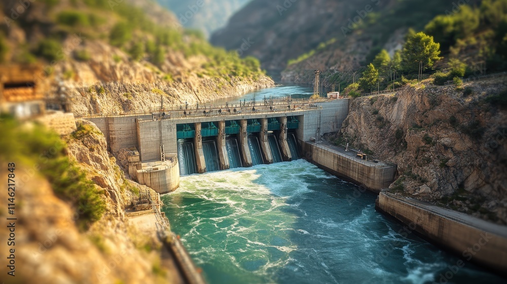 A hydroelectric dam in a lush mountain valley, with engineers inspecting the massive turbines and spillways, as rushing water powers the generators. The dramatic interplay of natural and man-made A hydroelectric dam in a lush mountain valley, with engineers inspecting the massive turbines and spillways, as rushing water powers the generators. The dramatic interplay of natural and man-made