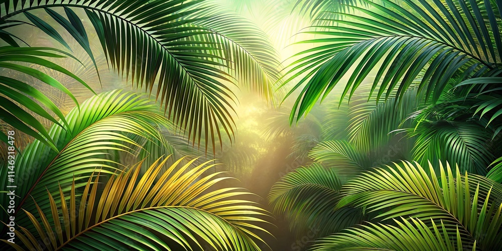 Lush Tropical Paradise Sunlit Palm Fronds in a Misty Jungle Setting Lush Tropical Paradise Sunlit Palm Fronds in a Misty Jungle Setting