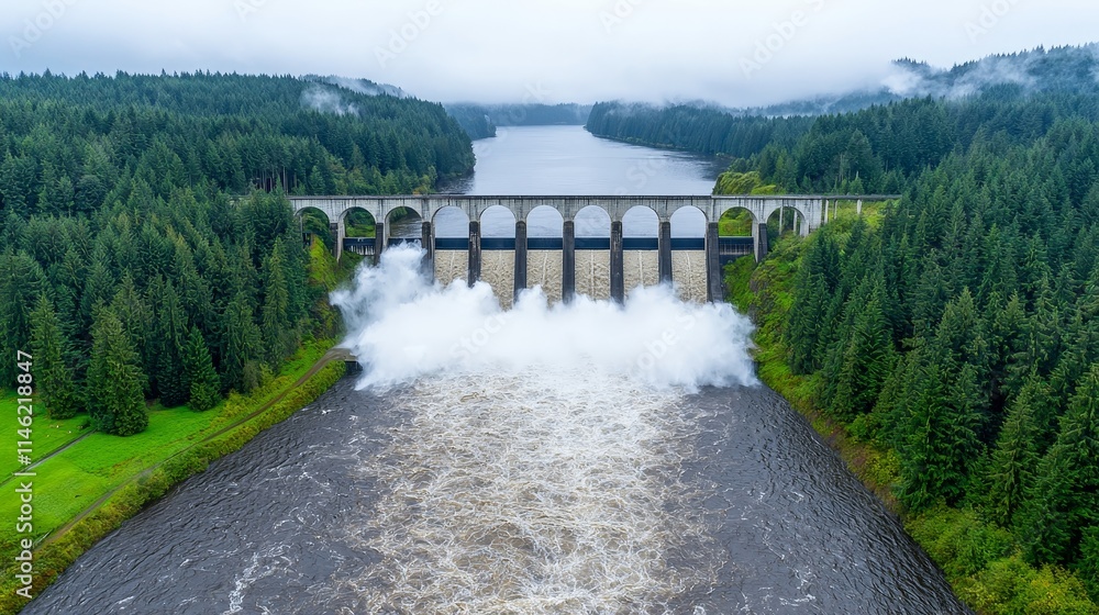 Fototapeta premium It features a large reservoir, spillways, and surrounding landscape that uses water flow to generate electricity.