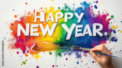 Splash of multi color paints on a white background with Happy New year text photo