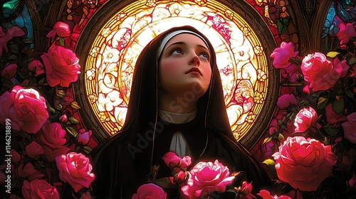 Saint Therese of Lisieux in a breathtaking stained-glass design, surrounded by roses glowing in soft pink and red tones, divine light highlighting her peaceful expression,