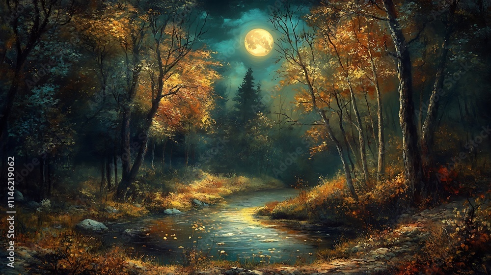 A Moonlit Stream Winding Through an Autumn Forest A Moonlit Stream Winding Through an Autumn Forest