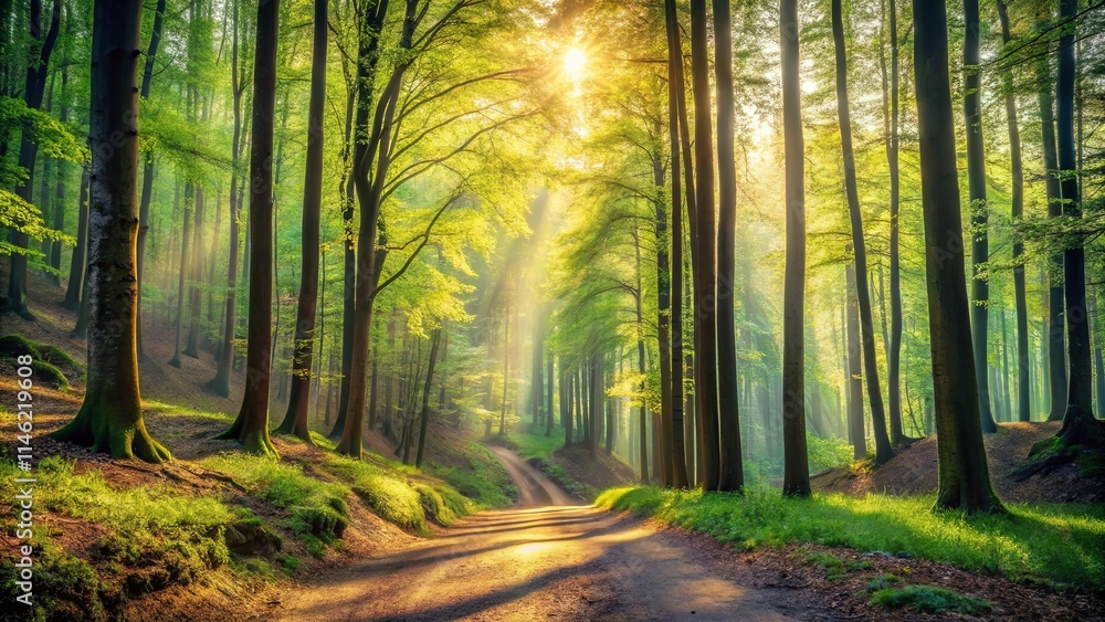 Obraz premium Sunlit Path Through a Verdant Forest with Golden Light Beams
