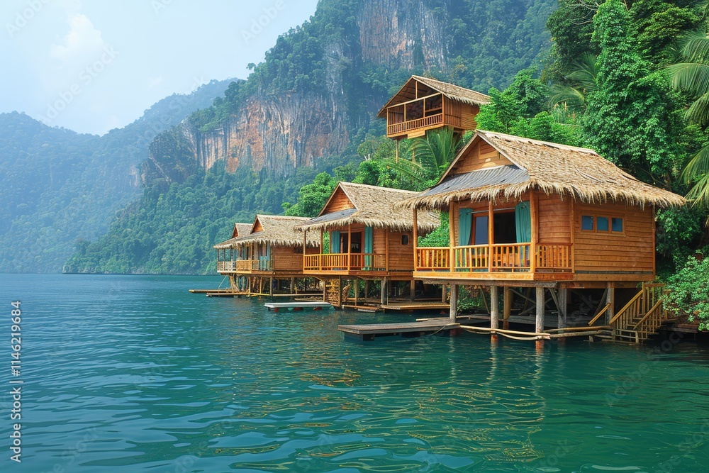 Naklejka premium Cozy wooden cabins on stilts surrounded by lush mountains by tranquil water in a remote natural setting