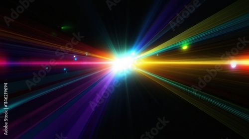 Lens flare with rainbow colors and glowing effects on a black background