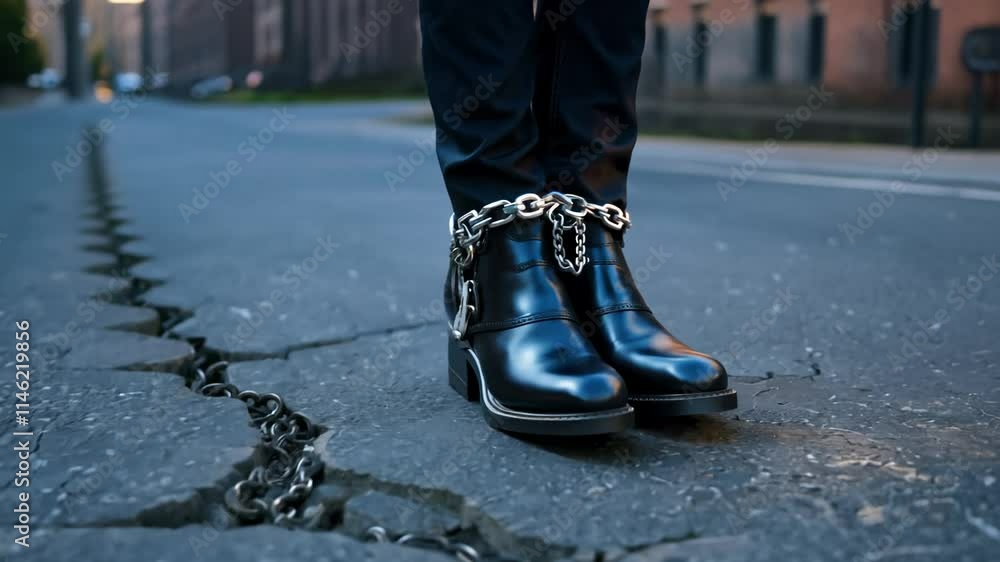 Camera dollies in to reveal edgy black combat boots with chain accents and a platform sole on a cracked asphalt surface Camera dollies in to reveal edgy black combat boots with chain accents and a platform sole on a cracked asphalt surface