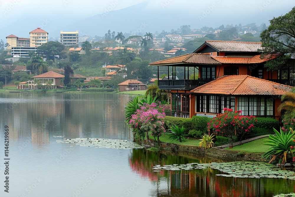 Obraz premium Beautiful lakeside residences in a tranquil setting with blooming flowers and distant hills
