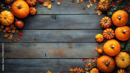 Autumn seasonal bottom border banner with pumpkins, fall leaves, decorative accents on rustic wood background, ideal for text overlay and graphic design photo