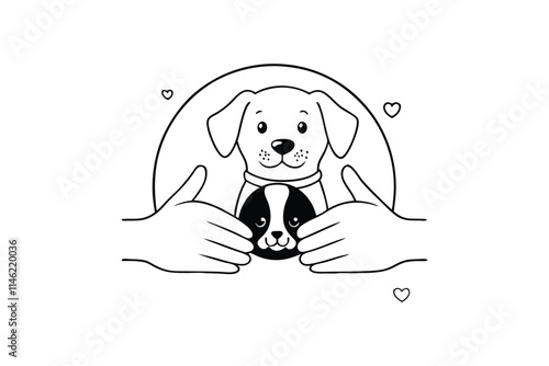 uman hands are hugging Dogs and Cat. Animal care, adoption concept. Help the homeless animals find a home. Set of three Hand drawn Vector illustrations