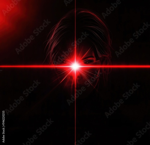 Red laser beam light rays with lens flare on a black background photo