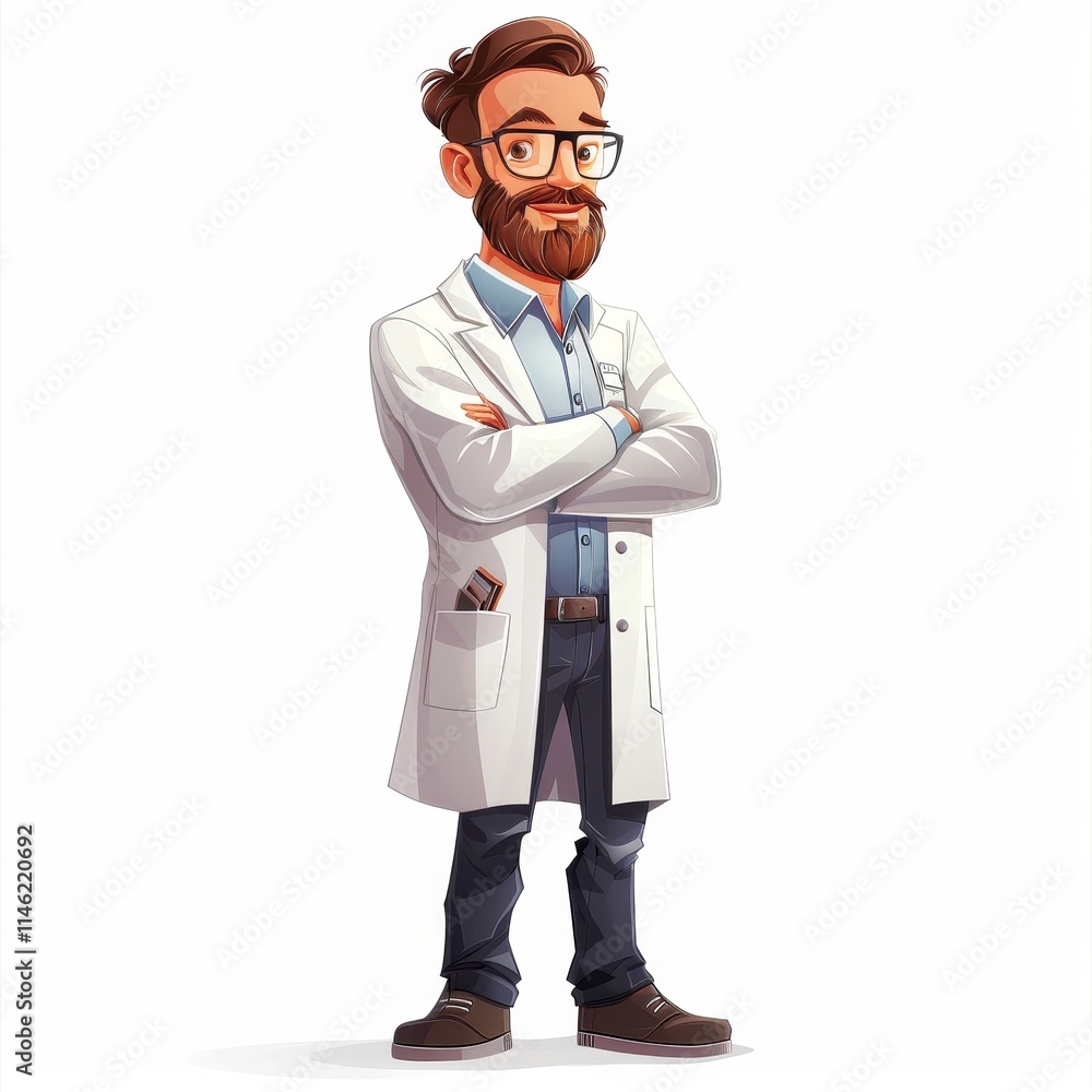 A cartoon illustration of a male doctor with beard and glasses standing with his arms crossed, wearing a white lab coat. A cartoon illustration of a male doctor with beard and glasses standing with his arms crossed, wearing a white lab coat.