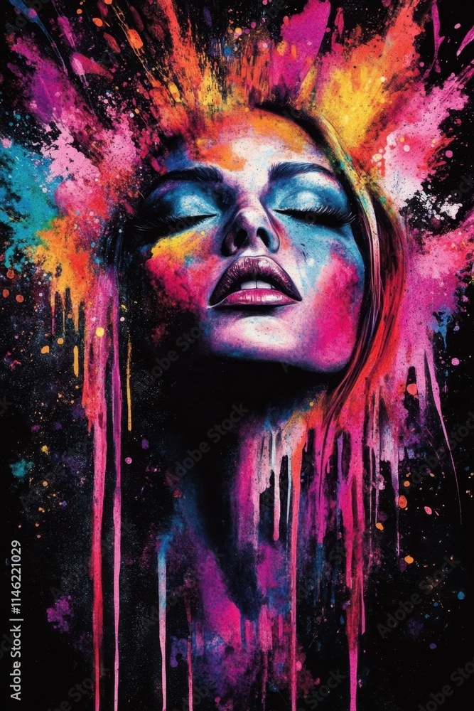 A colorful explosion of artistic expression emerges from behind a female figure. A colorful explosion of artistic expression emerges from behind a female figure.