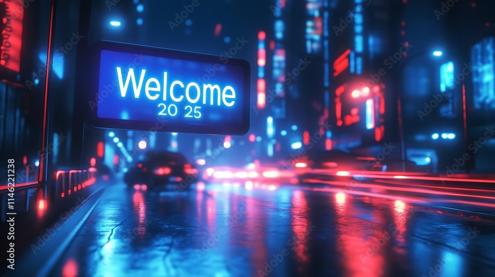 Fototapeta premium Neon Cityscape Welcome Sign at Night in 2025