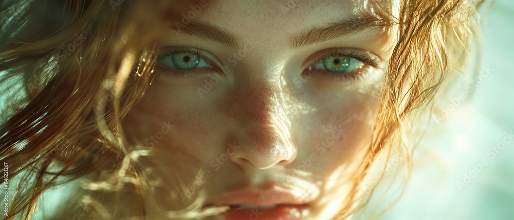 Close-up portrait of a young woman with green eyes and red hair. Close-up portrait of a young woman with green eyes and red hair.
