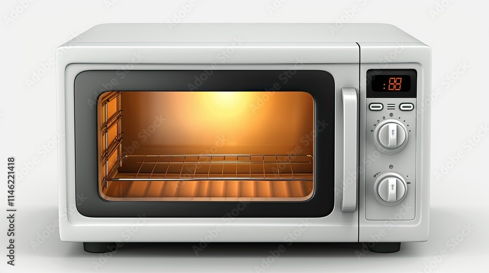Fototapeta premium A modern microwave oven with an illuminated interior and dials for settings.