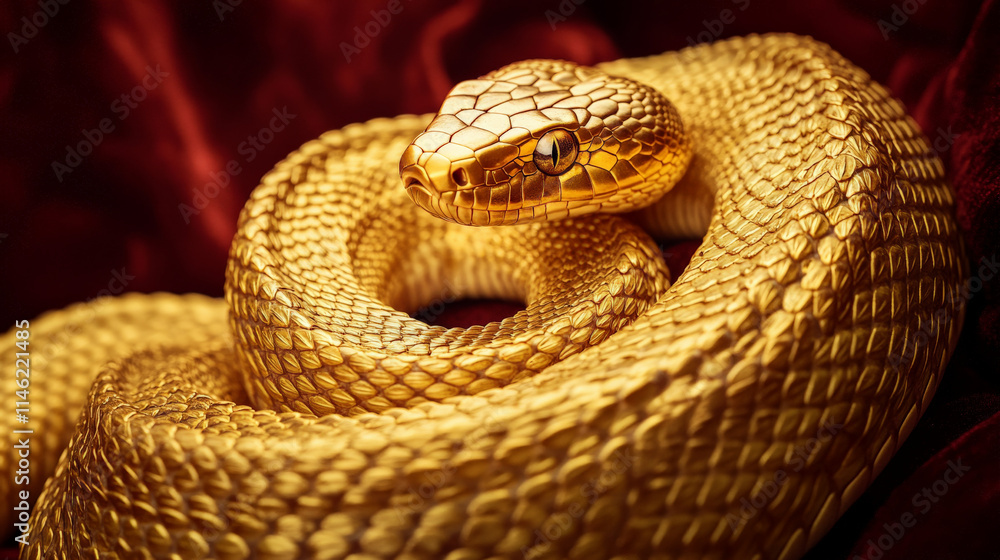Fototapeta premium A majestic golden snake coiled in a circular shape