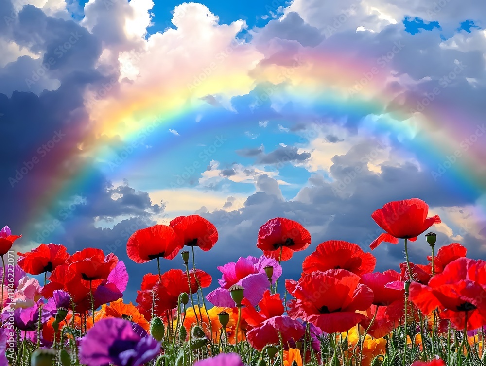 Fototapeta premium Rainbow Landscape over poppy field